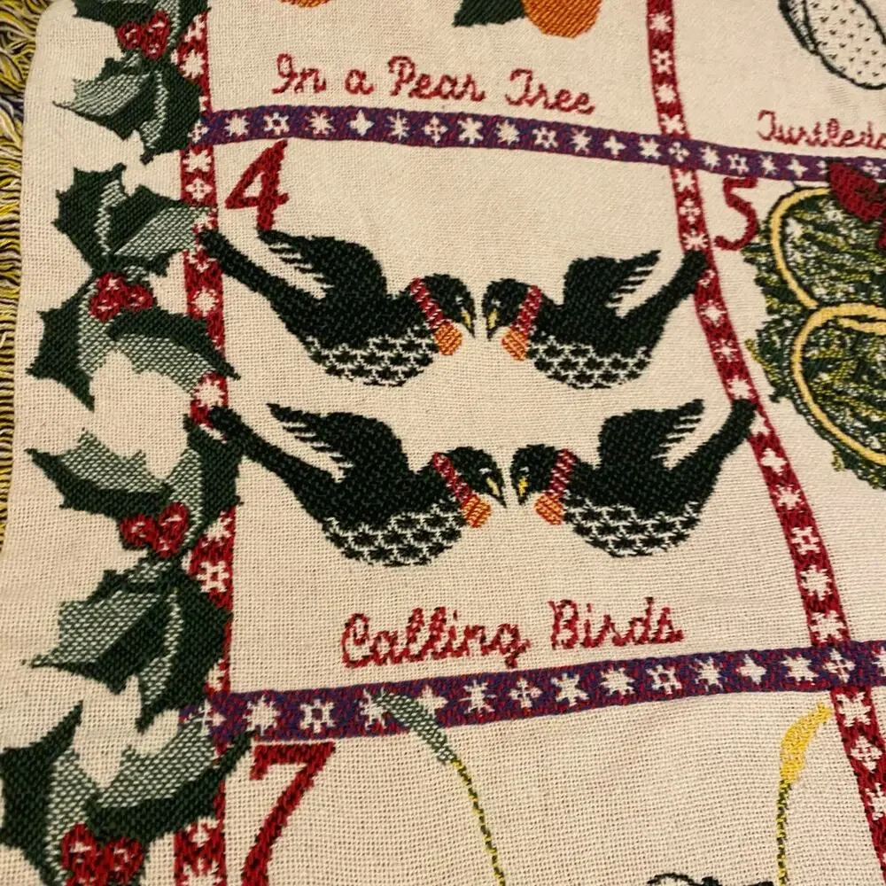 Vintage 12 Days of Christmas Woven Tapestry Throw Blanket Fringe 49x71 Large